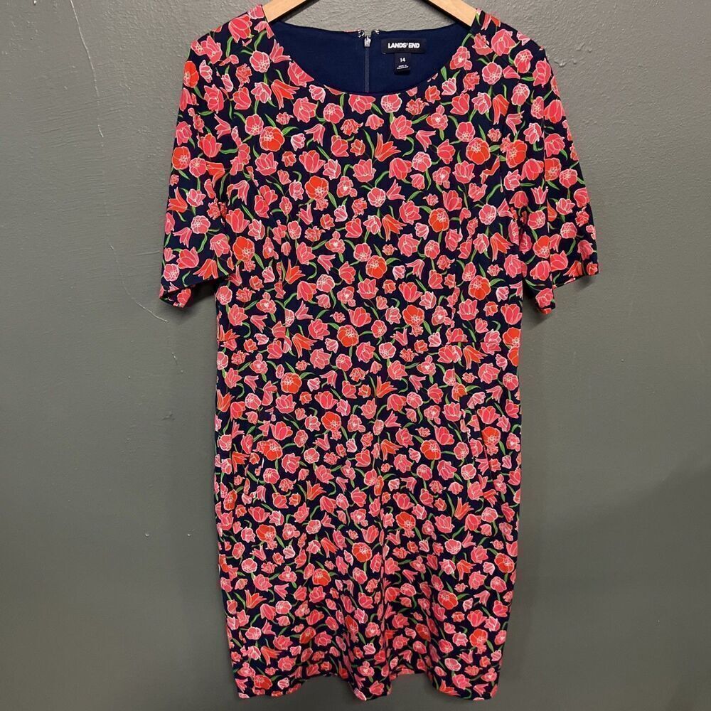 Lands End Floral Dress Short Sleeve Sz 14 Womens